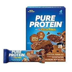 Four Pure Protein Cocoa PEBBLES protein bars displayed with cocoa-chocolate packaging.