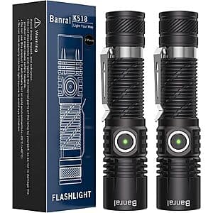2-Pk Banral K518 USB-C Rechargeable Mini EDC Pocket LED Flashlight (Black) $9.80
