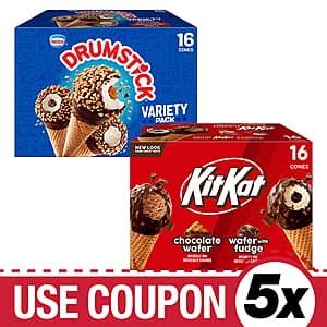 Nestle Drumstick Sundae Cone Variety Pack containing 16 assorted ice cream cones with chocolate coating, caramel, and nuts in colorful packaging.