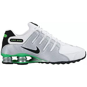 Black and white colorways of Nike Men's Shox NZ running shoes with distinctive shox cushioning system visible on the sole.