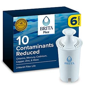 Six Brita BritaPlus replacement water filters in white and blue packaging.