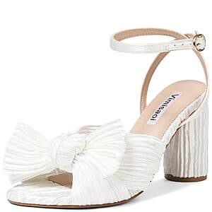 VIMISAOI women's sandals with bow detail, block heel, and ankle strap in various color options.
