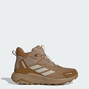 adidas Men's Terrex Anylander Leather Mid hiking shoe in neutral tones with Climaproof waterproofing, shown in profile view.
