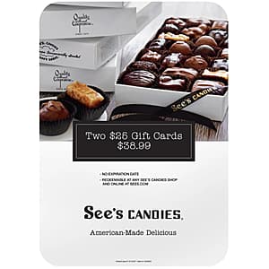 Select Costco Wholesale Locations: 2-Pack $25 See's Candies Gift Cards 4 for $135.95 + Free 2-Day Delivery
