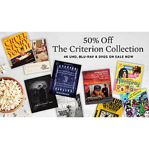 Selection of Criterion Collection film releases displayed in various formats including 4K UHD, Blu-ray, and DVD cases.