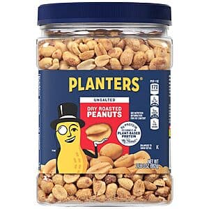 35 oz resealable canister of PLANTERS Unsalted Dry Roasted Peanuts with white and red branding on dark background.
