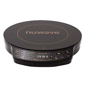 NuWave portable induction cooktop with black base and ceramic glass cooking surface, compact design suitable for countertops.