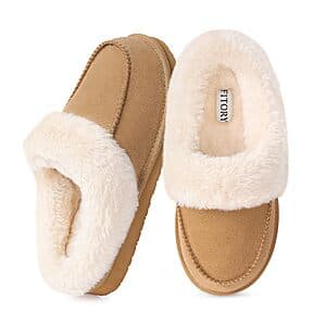 FITORY Women's Faux Fur Lined Suede Slippers (Brown Suede) $10