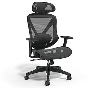 Black mesh ergonomic swivel office chair with height-adjustable seat and five-wheel caster base.