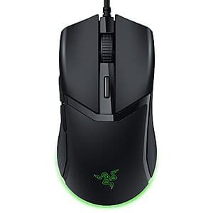 Razer Cobra wired gaming mouse with black ergonomic design and Chroma RGB lighting accents.