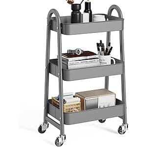 OLIXIS 3-Tier Metal Rolling Utility Cart w/ Lockable Wheels (Gray) $18