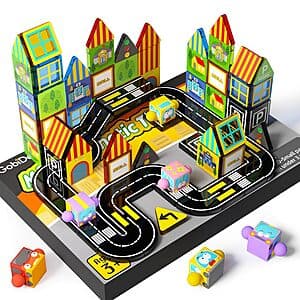 60-Pc GobiDex Mini Magnetic Tiles City Road Building Set w/ 4 Cars $10