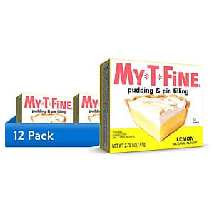 12-pack of My-T-Fine Lemon Cook and Serve Pudding Mix boxes, 2.75 oz each, yellow packaging with lemon branding.