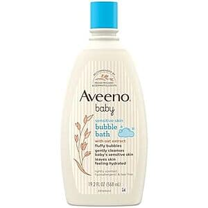 Aveeno Baby Sensitive Skin Bubble Bath 19.2 oz bottle with oat extract formula in purple and white packaging.