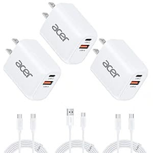 Three white Acer 20W charger blocks with USB-A and USB-C ports, each with a 6.6-foot white power cable coiled alongside.