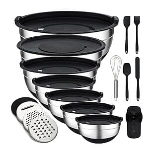 16-pc Unokit Stainless Steel Nesting Mixing Bowl Set w/ Lids, Graters & Utensils $25