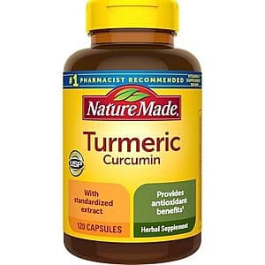 Bottle of Nature Made Turmeric Curcumin 500mg capsules, 120-count, with yellow and brown labeling.