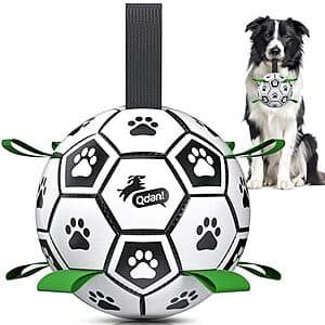 Black and green 6-inch QDAN dog soccer ball with attached straps for interactive play.