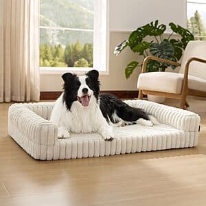 Grey orthopedic memory foam dog bed, 35 inches long, with three-sided bolster support for large dogs.