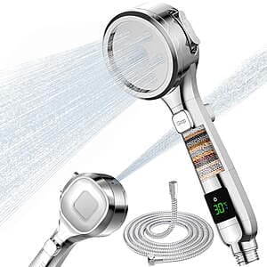 Alupssuc Handheld Showerhead w/ LED Temp. Display, Filter (Silver) $11