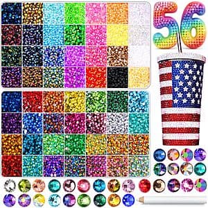 56,000-piece collection of 3mm flatback resin jelly rhinestones in 56 assorted colors in a bedazzling kit.