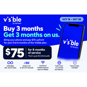 Visible Wireless promotional offer displaying unlimited talk, text, and data service plan with Verizon 5G network access.