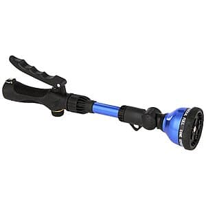 Orbit 14-inch garden wand with front trigger ratchet head, featuring adjustable spray nozzle in grey or tan color.