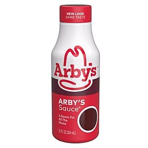 Arby's Original Sauce 12 fl. oz. bottle with label featuring vinegar, garlic and onion ingredients.