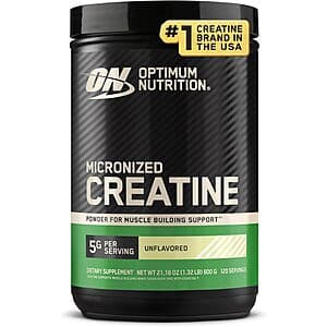 Optimum Nutrition Micronized Creatine Monohydrate Powder in unflavored white/clear container, 21.16 oz size, sports nutrition supplement.