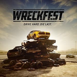 Wreckfest video game cover art featuring crashed and wrecked vehicles in a physics-based racing environment.
