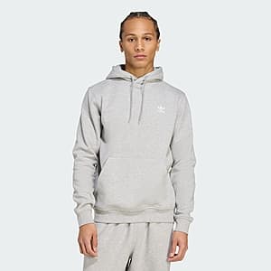 Grey adidas Men's Trefoil Essential Hoodie Sweatshirt featuring the iconic three-leaf Trefoil logo on the chest.