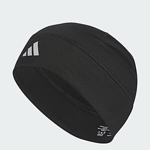 Black adidas Alphaskin Beanie for men with ribbed knit construction.