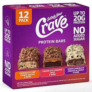 Satisfy Your Crave variety snack pack featuring chocolate caramel crisp, chocolate chip cookie dough, and white chocolate cookies & cream flavors.