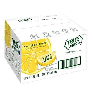 Box of True Lemon Water Enhancer Drink Mix Packets, 500-count, displaying the product branding and lemon imagery on yellow packaging.
