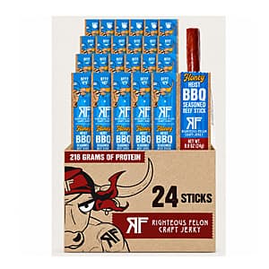 24-pack of Righteous Felon Honey Heist BBQ Beef Sticks with smoky hickory and honey glaze flavoring, individual wrapped sticks in packaging.