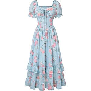 Scarlet Darkness Women's Floral Puff Sleeve Maxi Ruffled Corset Dress with romantic floral print, featuring puff sleeves and corset waist detail.