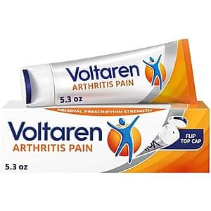 Voltaren Arthritis Pain Gel tube, 5.3 oz size, in white and blue packaging for topical arthritis pain relief.