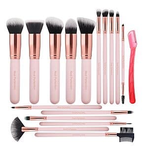 Pink 16-piece Real Perfection makeup brush set with synthetic bristles and included eyebrow razor.