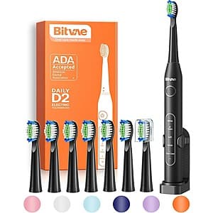 Bitvae D2 Rechargeable Electric Toothbrush (Black) w/ 8 Brush Heads $12