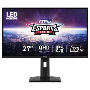 MSI G274QPF 27-inch gaming monitor with thin bezels, displaying WQHD resolution, mounted on an adjustable stand with tilt and height adjustment capabilities.