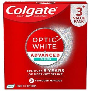 3-pack of Colgate Optic White Advanced Whitening Toothpaste in Icy Fresh flavor, white tubes with blue accents, each tube 3.2oz.