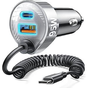 65W LISEN PD/QC 3.0 USB-C & USB-A Car Charger w/ 36" Coiled USB-C Cable $7 & More