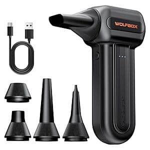WOLFBOX MF60 cordless electric air duster with compact handheld design and 3-speed motor capability.