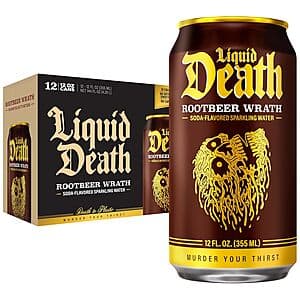 12-pack of Liquid Death Soda-Flavored Sparkling Water in 12 oz cans with Doctor Death flavor branding.