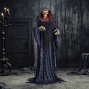 Collection of Halloween animatronics including a rise-up reaper, vampire butler with glowing eyes, and tall animated witch figure with LED eyes.