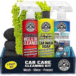 Chemical Guys 7-piece car wash kit with various cleaning tools and bottles for interior and exterior vehicle maintenance.