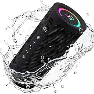 BassBloom Roar 3 black portable Bluetooth speaker with RGB lighting and compact cylindrical design, showing 20W power output capability.
