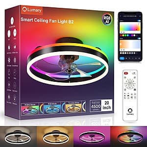 Lumary 20-inch black smart ceiling fan with integrated LED light ring, shown with remote control included.