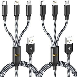 2-Pk 6-ft AICHUA 3-in-1 USB-C / Micro USB / Lightning Nylon Braided Cables 4.50 & More