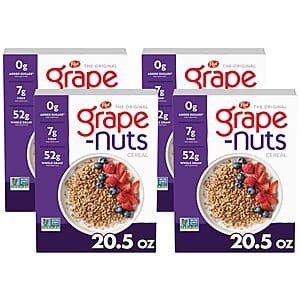 Four boxes of Post Grape Nuts Original breakfast cereal, each 20.5 oz, featuring the classic Grape Nuts branding and beige/tan colored packaging.
